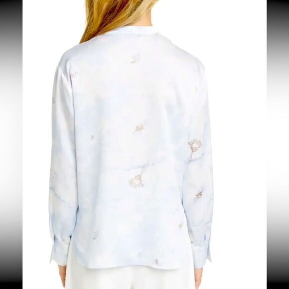 NWT Vince Painted Magnolia Band Collar Blouse -POWDER BLUE Satin Large - Picture 5 of 13
